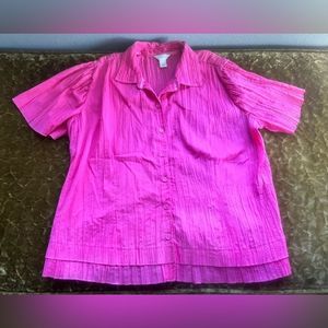 CJ Banks pink crinkle top shirt plus size 1x tiered hem blouse Button Up EUC